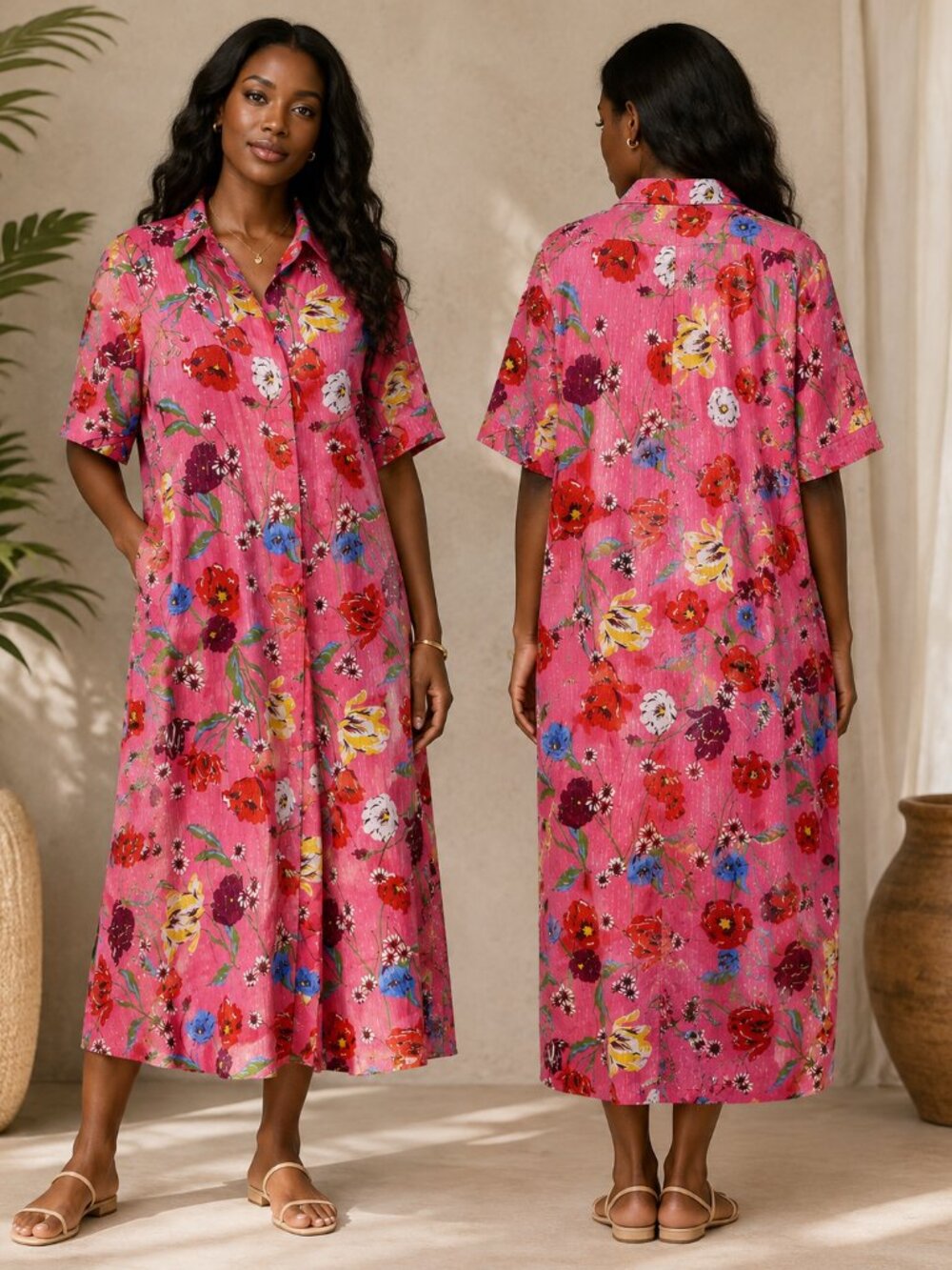 Draper James Pink Floral Midi Shirt Dress Size Small | Gold Metallic Stripe